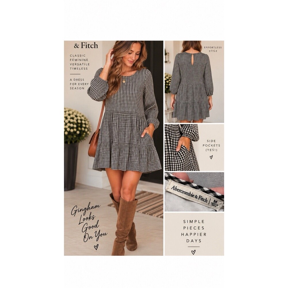 Abercrombie & Fitch Women Gingham Tiered Mini Dress Long Sleeve Plaid M